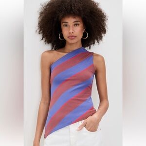 STAUD One-Shoulder Camisole in Blue and Red Stripes